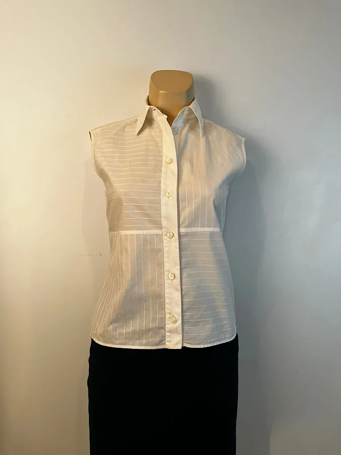 Chanel Identification 00T 2000 White Collared Stripe Button Down Blouse FR 34