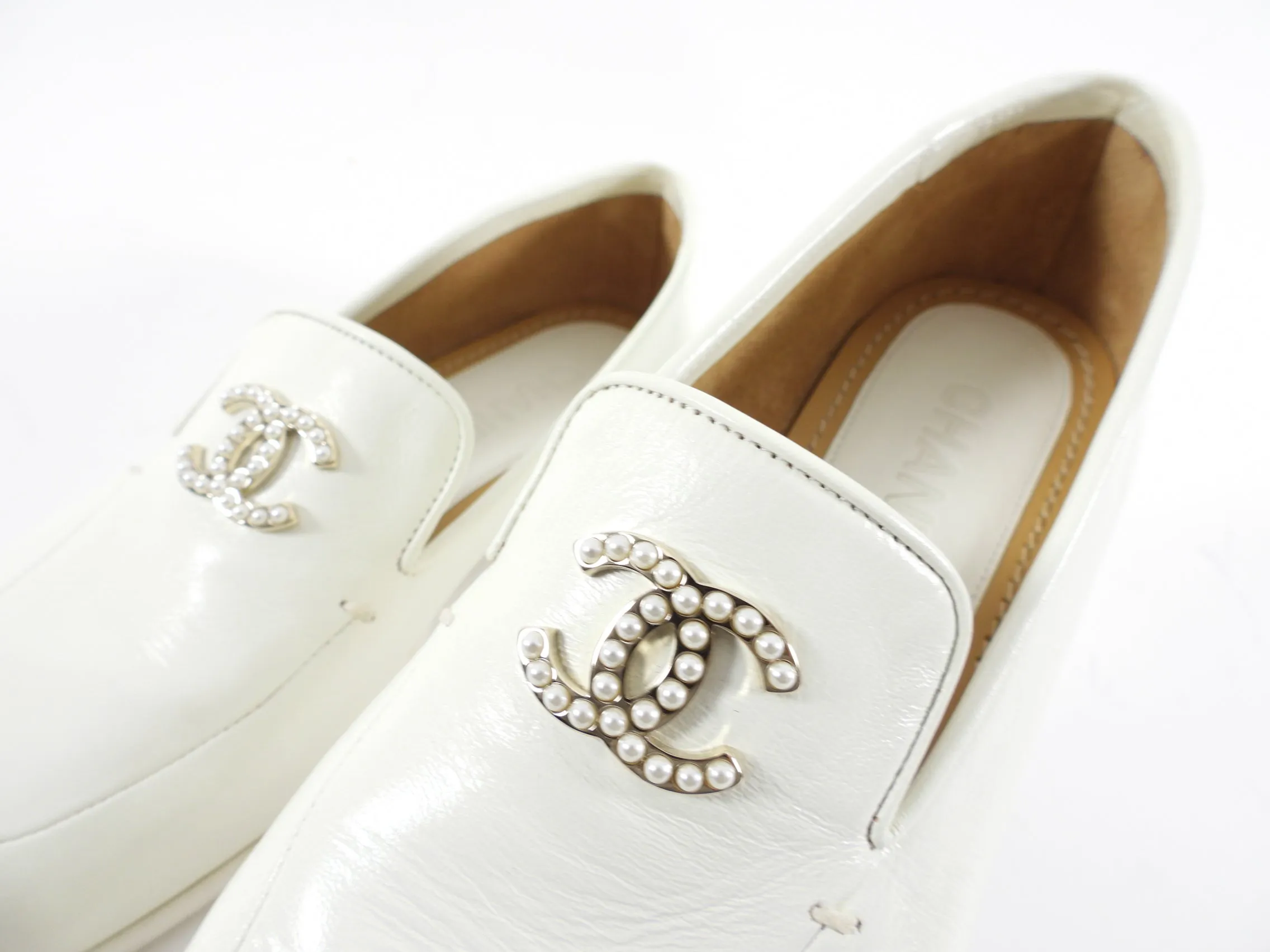 Chanel Ivory Leather Pearl CC Loafer - 37 / 36.5