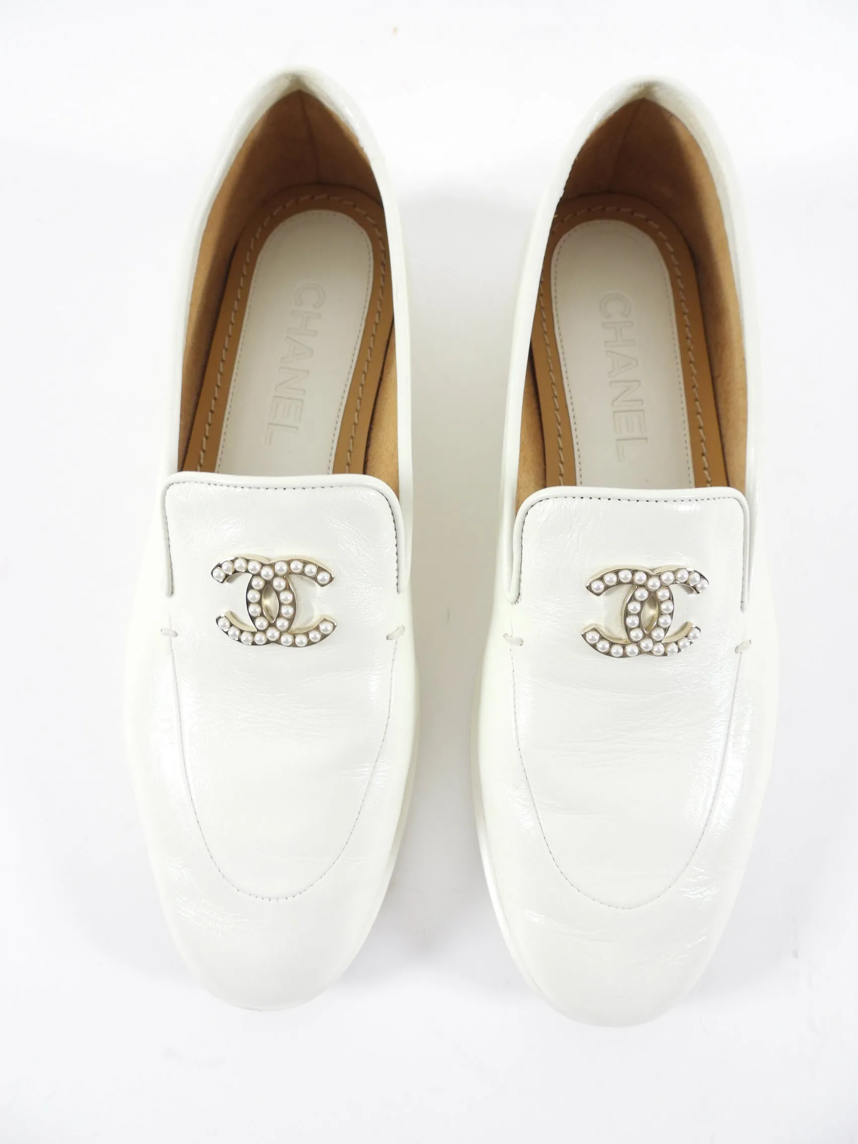 Chanel Ivory Leather Pearl CC Loafer - 37 / 36.5