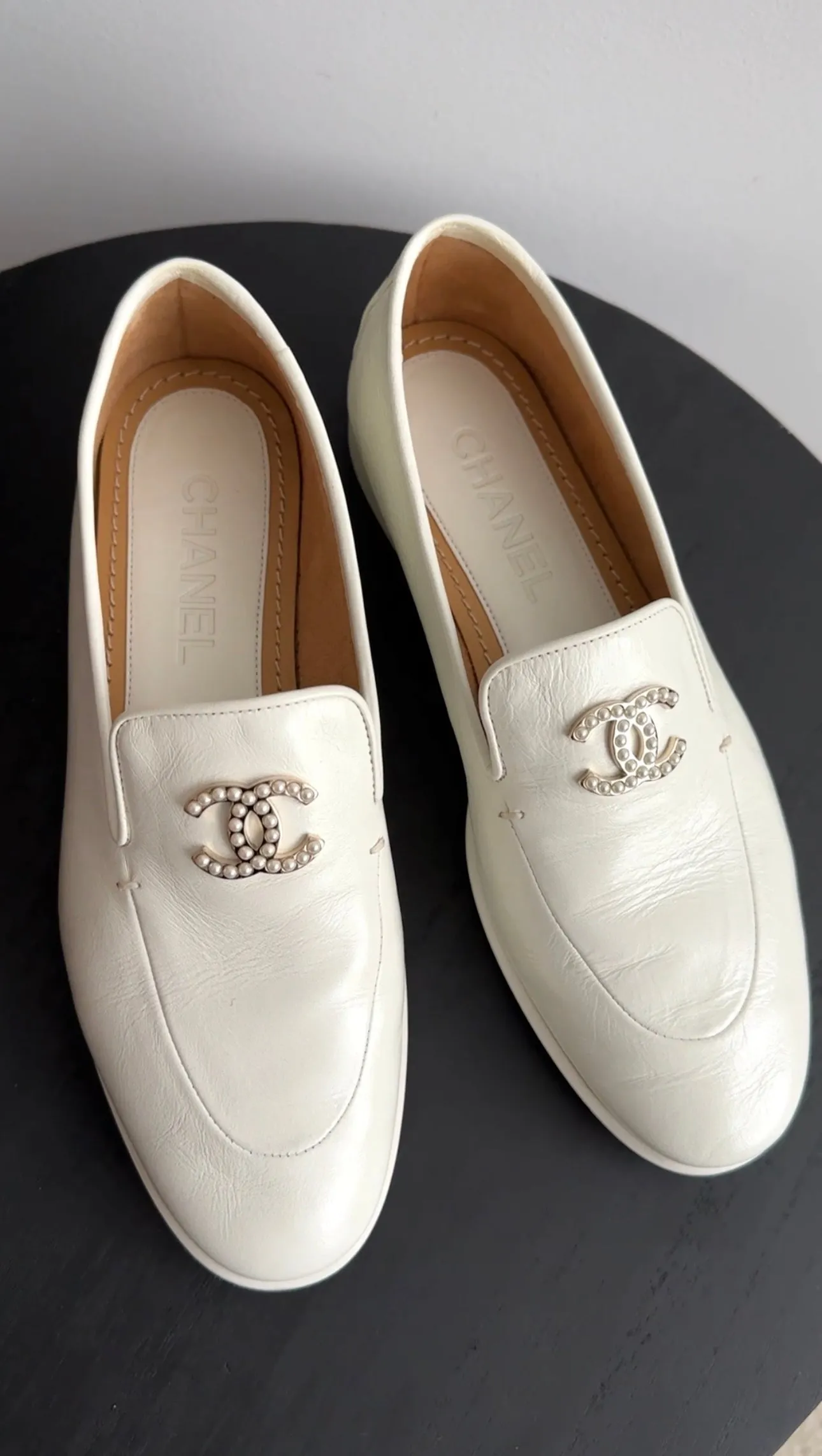 Chanel Ivory Leather Pearl CC Loafer - 37 / 36.5