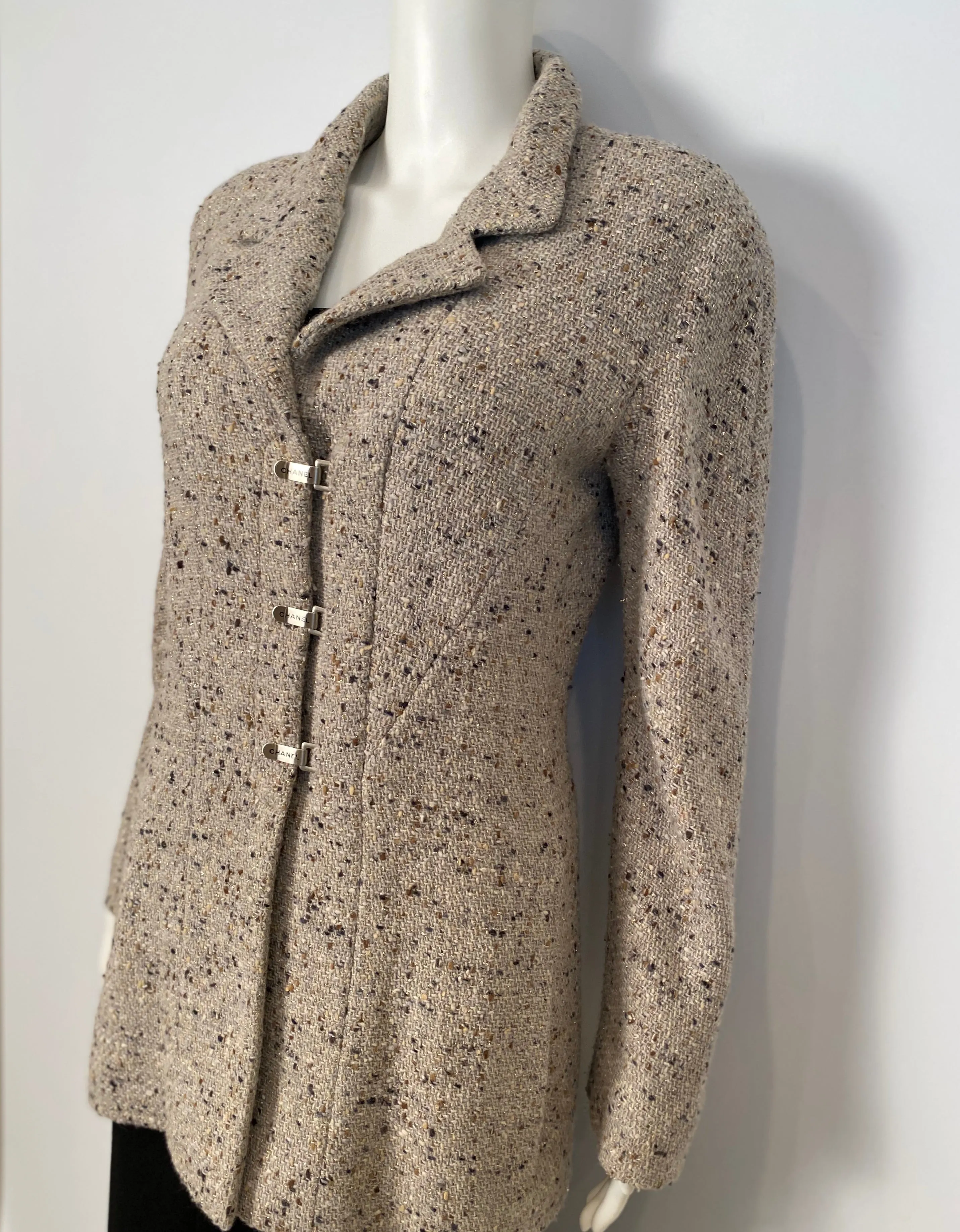 Chanel vintage 99A, 1999 Fall Brown Tweed Long Jacket subtle sparkle FR 40 US 6/8