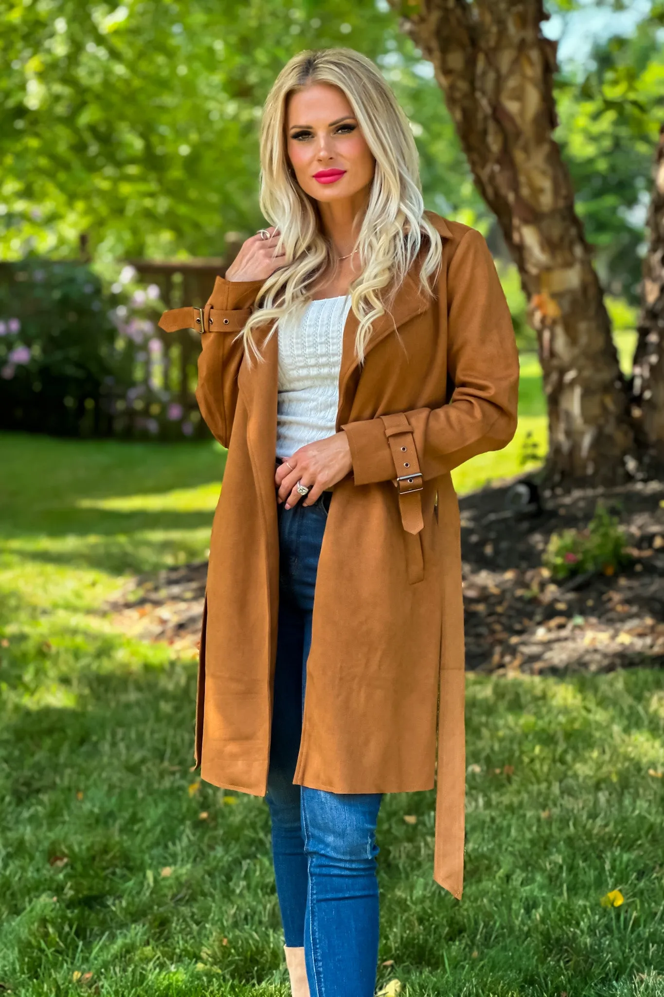 Claudia Faux Suede Belted Coat : Camel