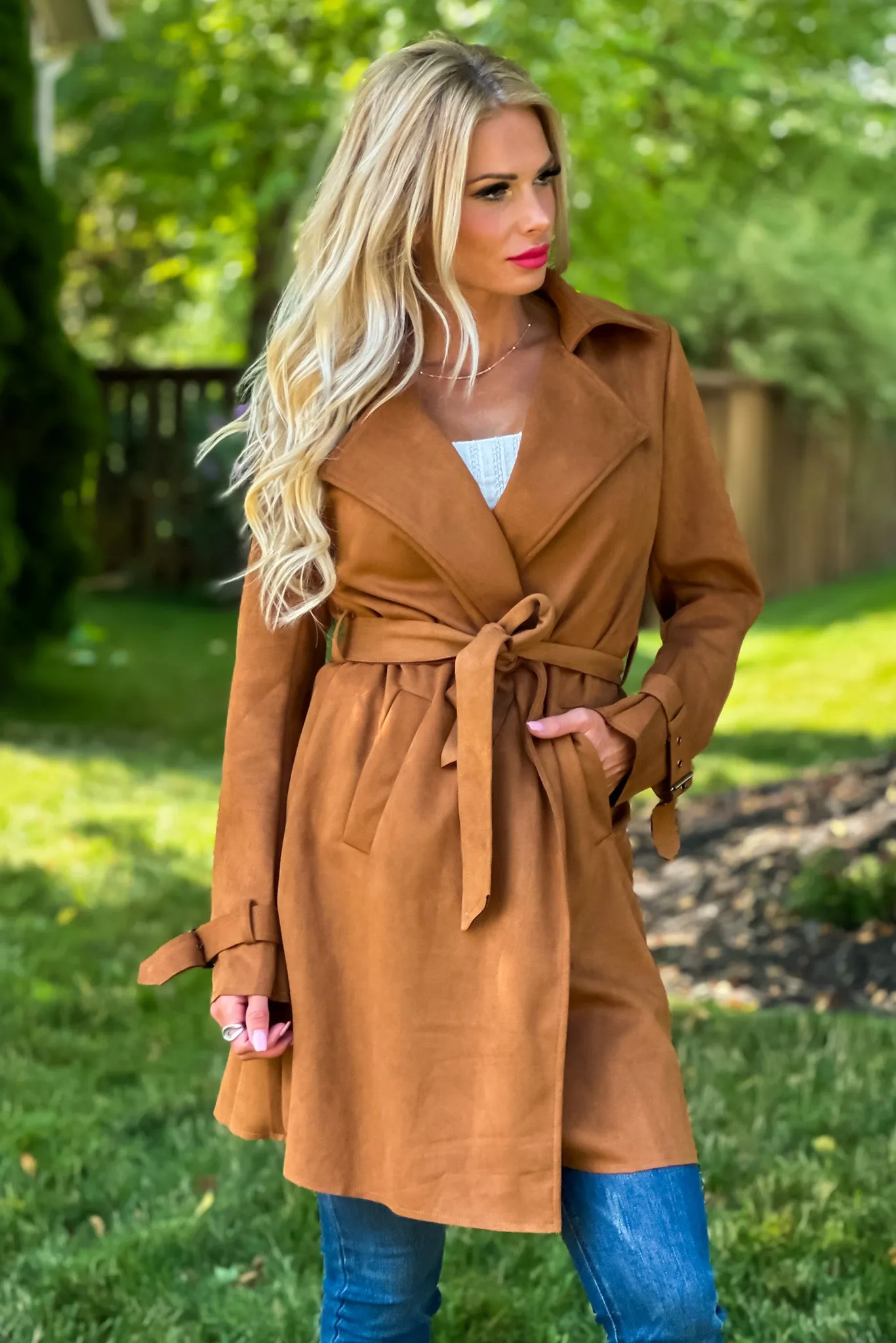 Claudia Faux Suede Belted Coat : Camel