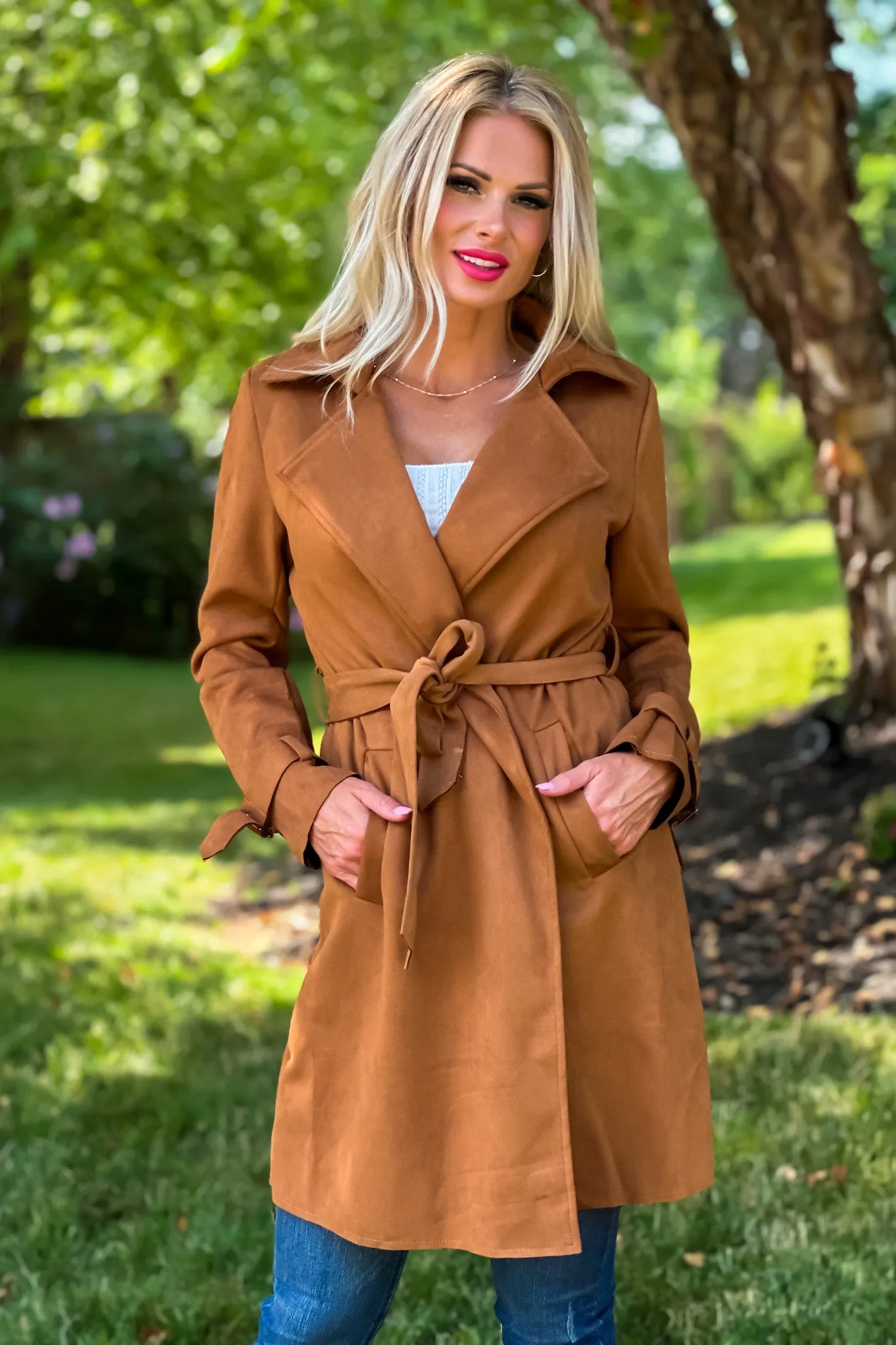 Claudia Faux Suede Belted Coat : Camel