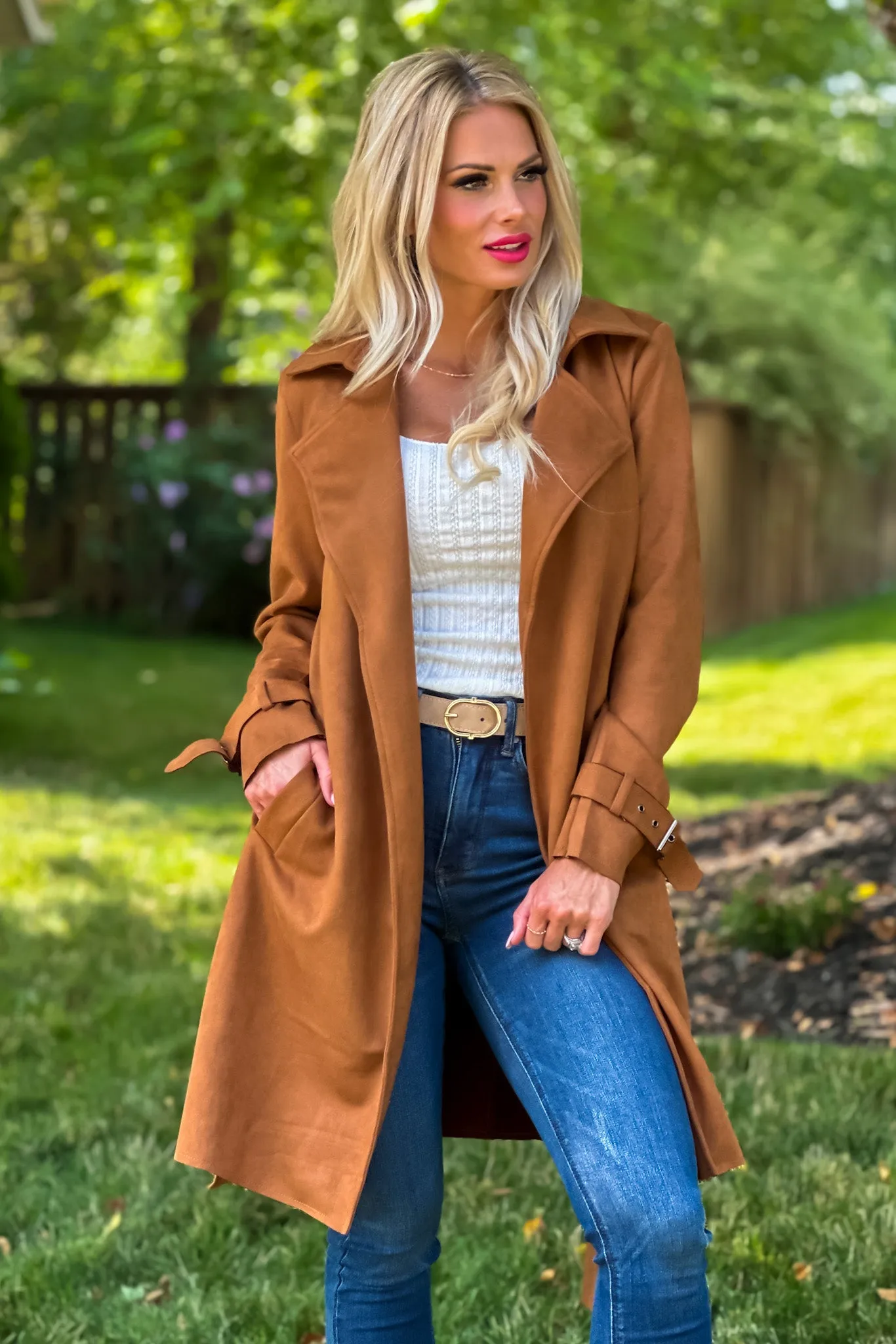 Claudia Faux Suede Belted Coat : Camel