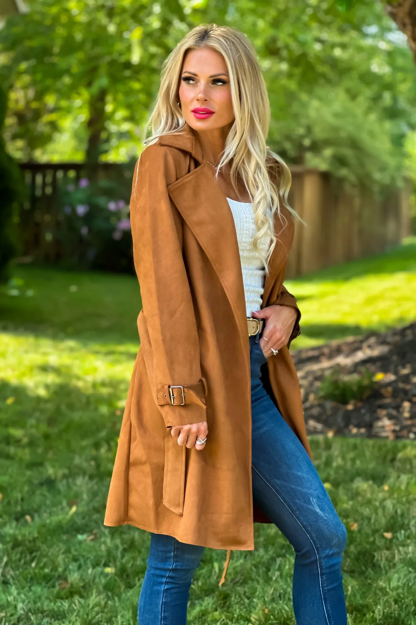 Claudia Faux Suede Belted Coat : Camel