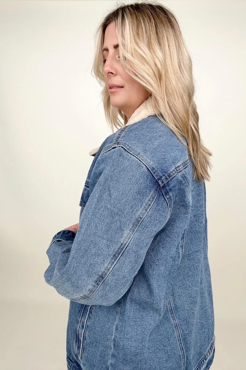 Cotton Bleu Oversized Washed Denim Jacket With Sherpa Collar