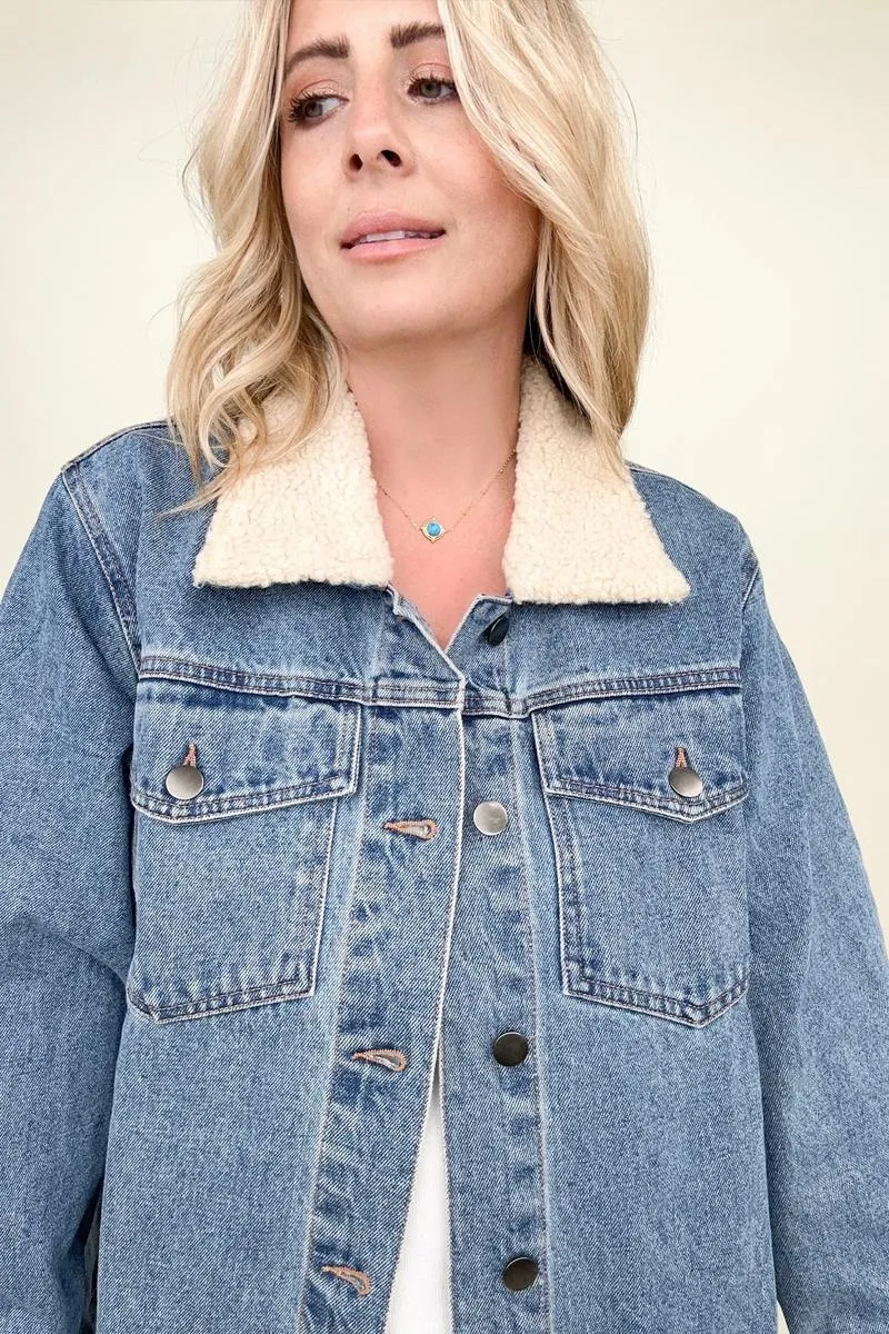 Cotton Bleu Oversized Washed Denim Jacket With Sherpa Collar