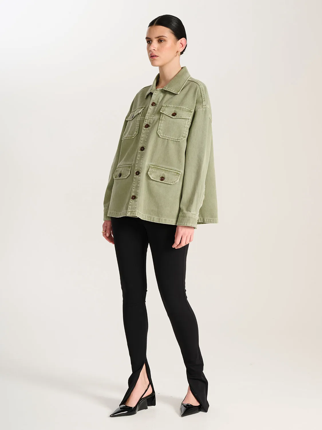 Elyse Army Shacket - Smoke Green Wash