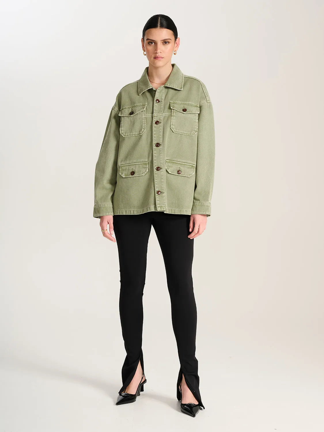 Elyse Army Shacket - Smoke Green Wash