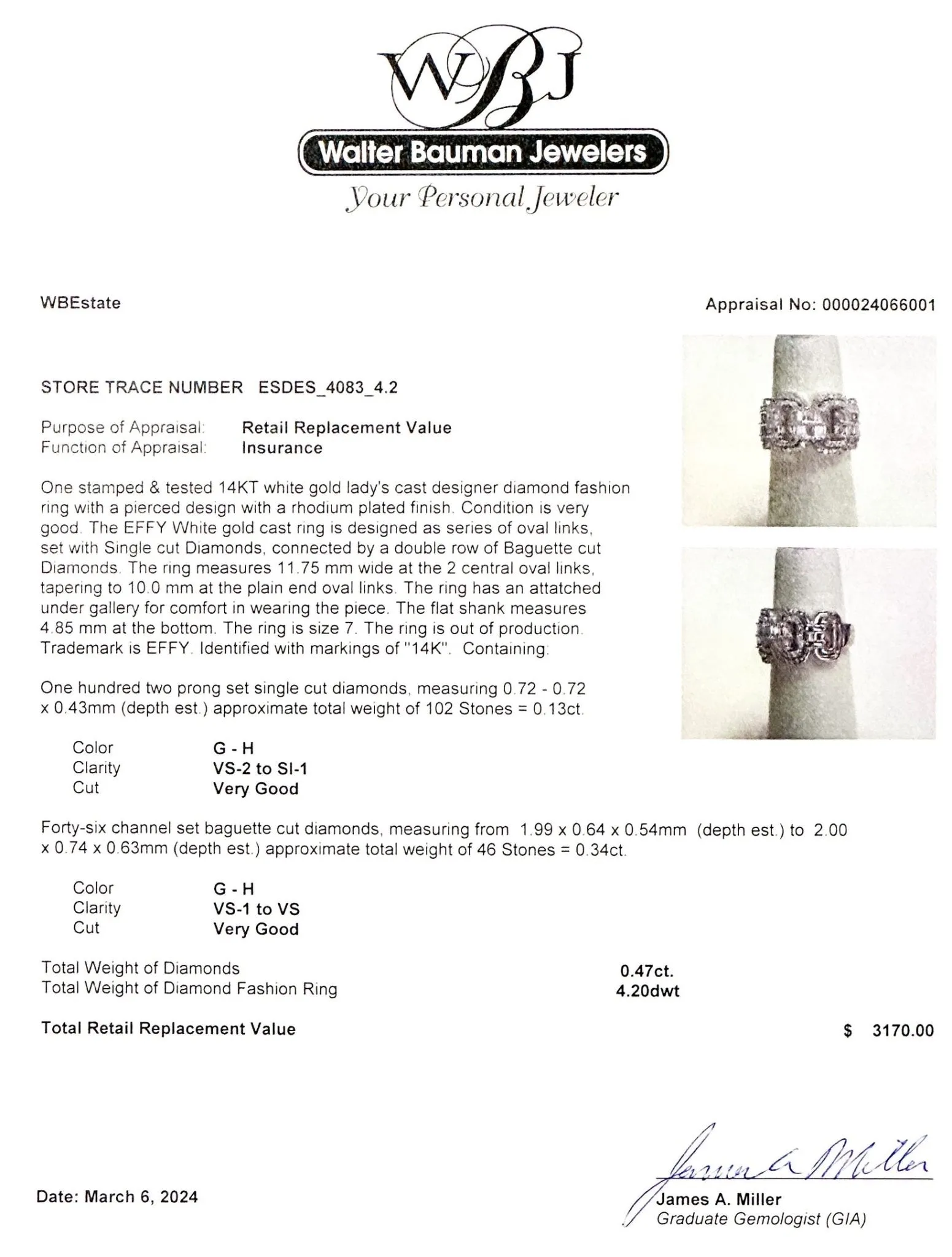 Effy 14K White Gold Diamond Ring, 0.47 Carat Total Weight, G-H Color, VS1-SI1 Clarity.