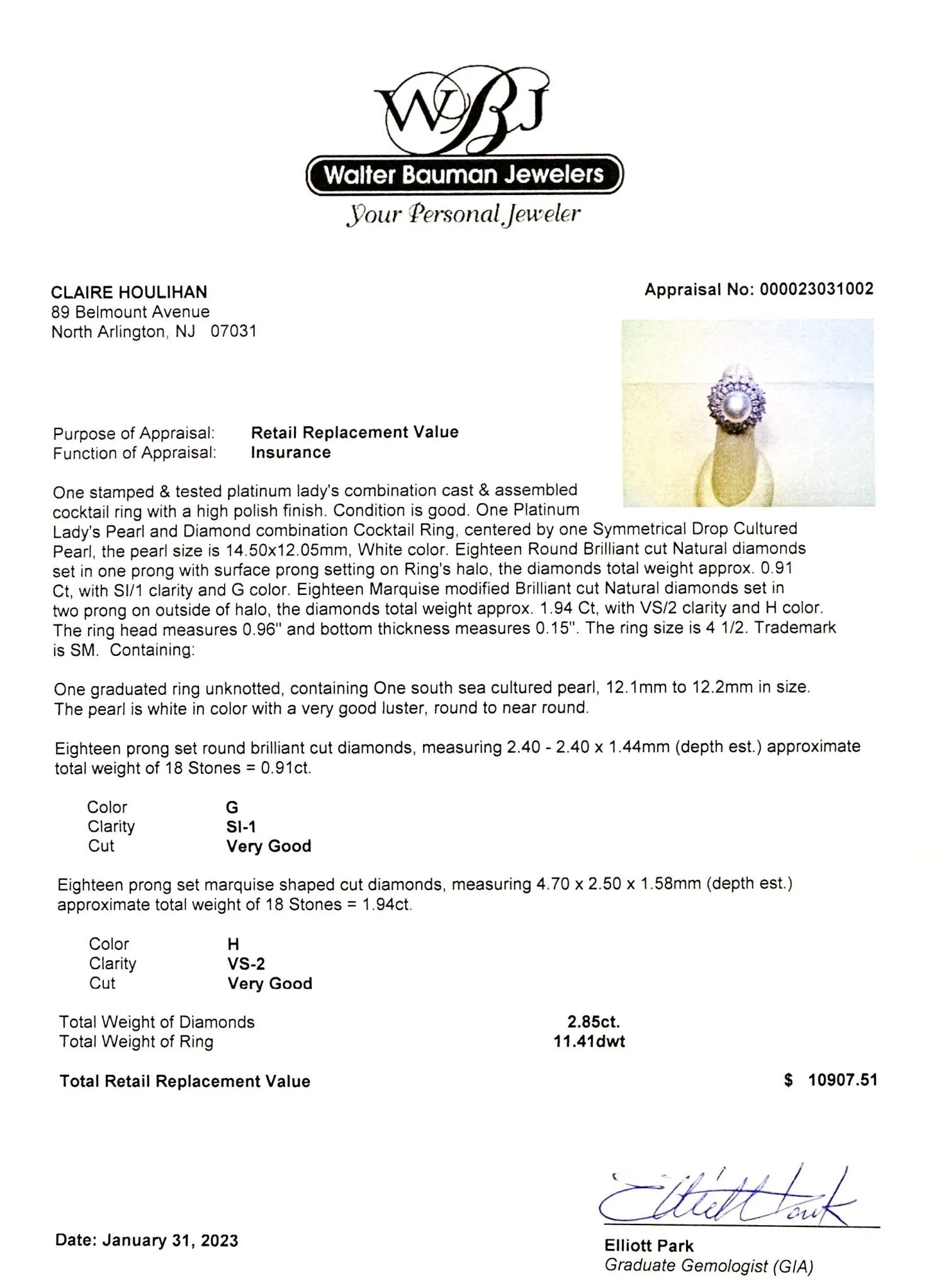 Estate Platinum South Sea Pearl & 2.85ctw G-H/VS2-SI1 Diamond Cocktail Ring