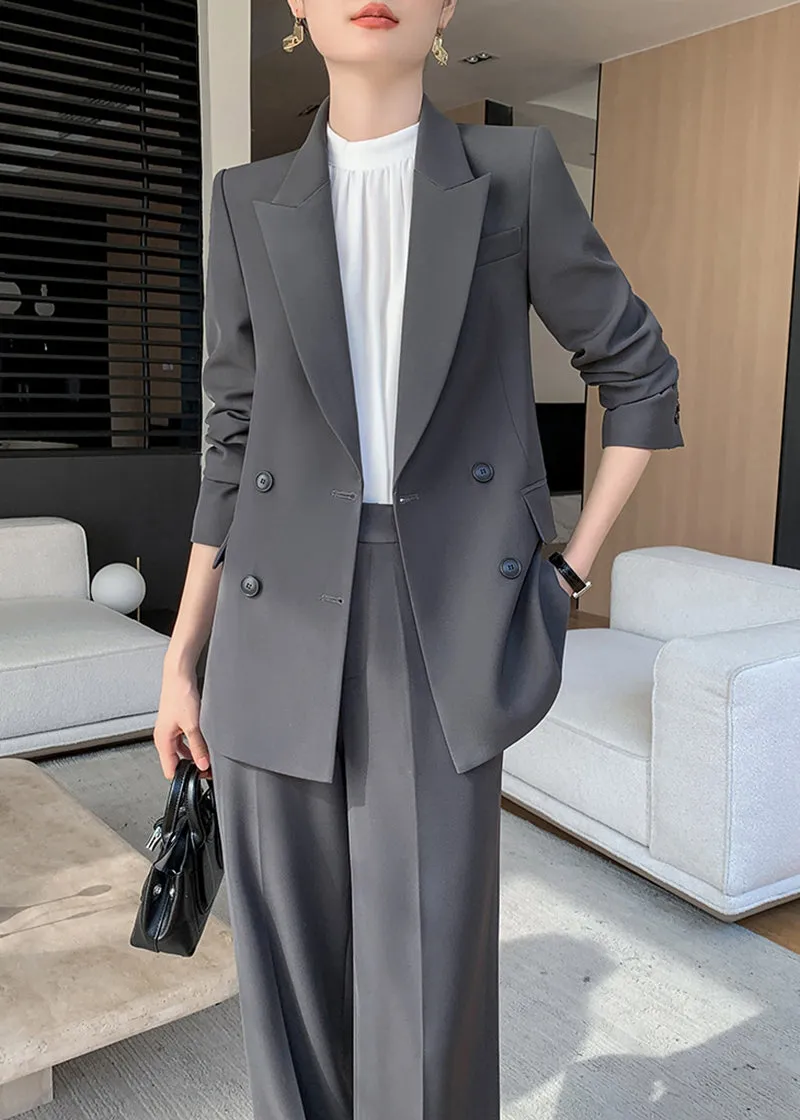 Gray Double Breasted Blazer Wide Pants Suit Two-Piece Set