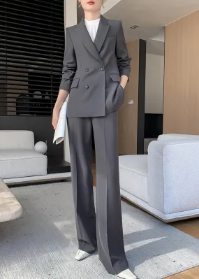 Gray Double Breasted Blazer Wide Pants Suit Two-Piece Set