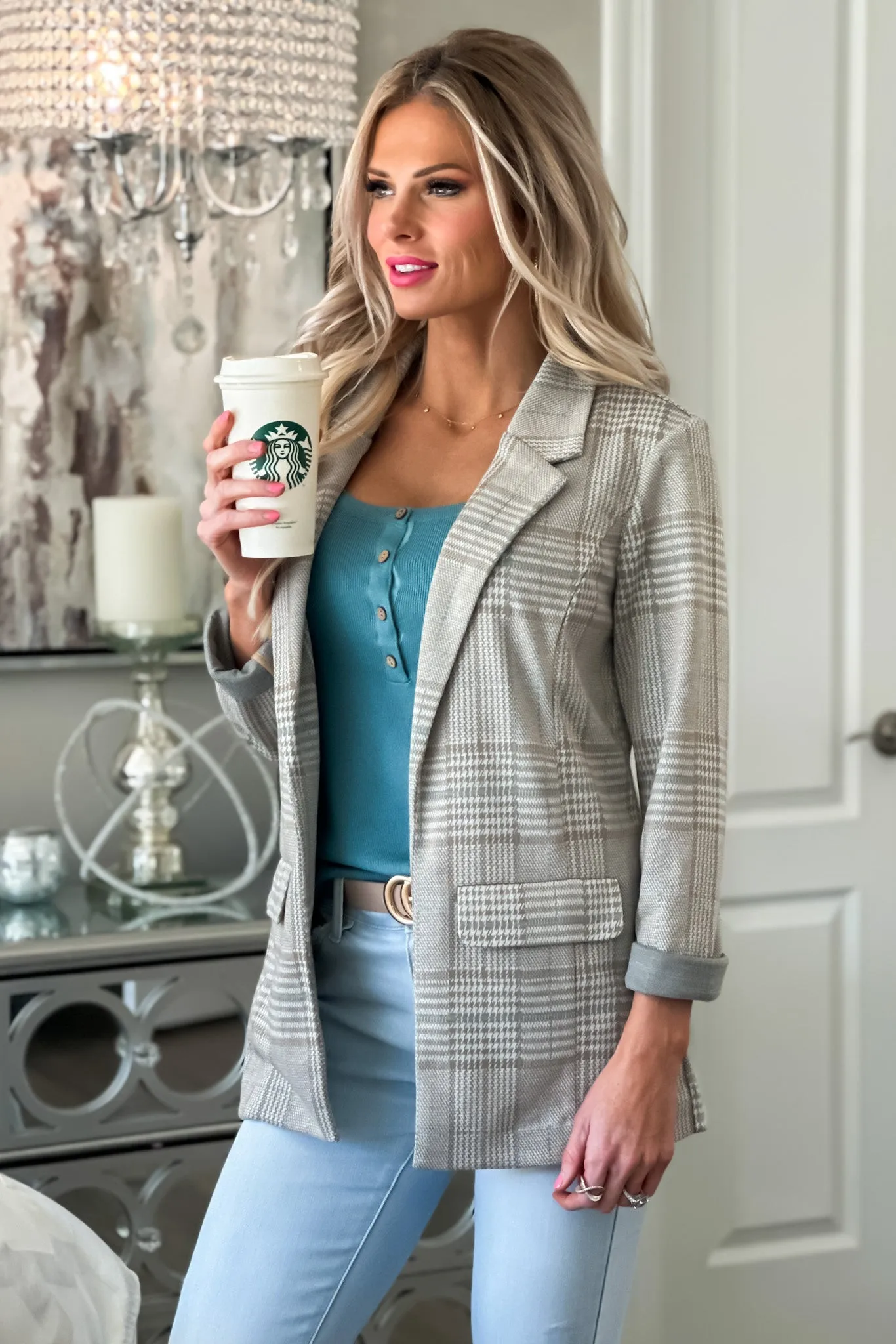 Liverpool Jill Plaid Blazer : Aqua Oatmeal