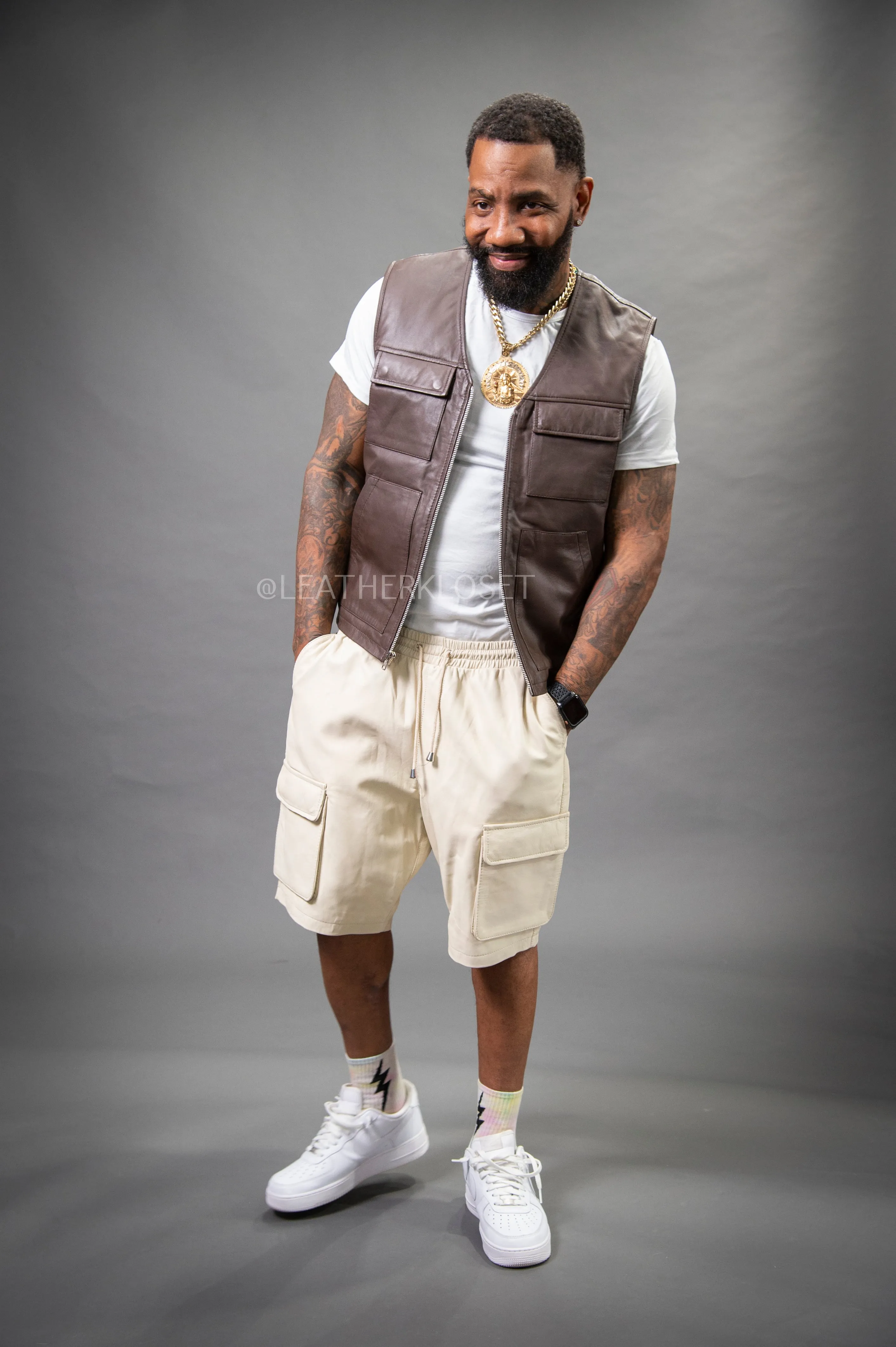 Men's Bless Set Leather Vest & Leather Cargo Shorts [Chocolate/Beige]