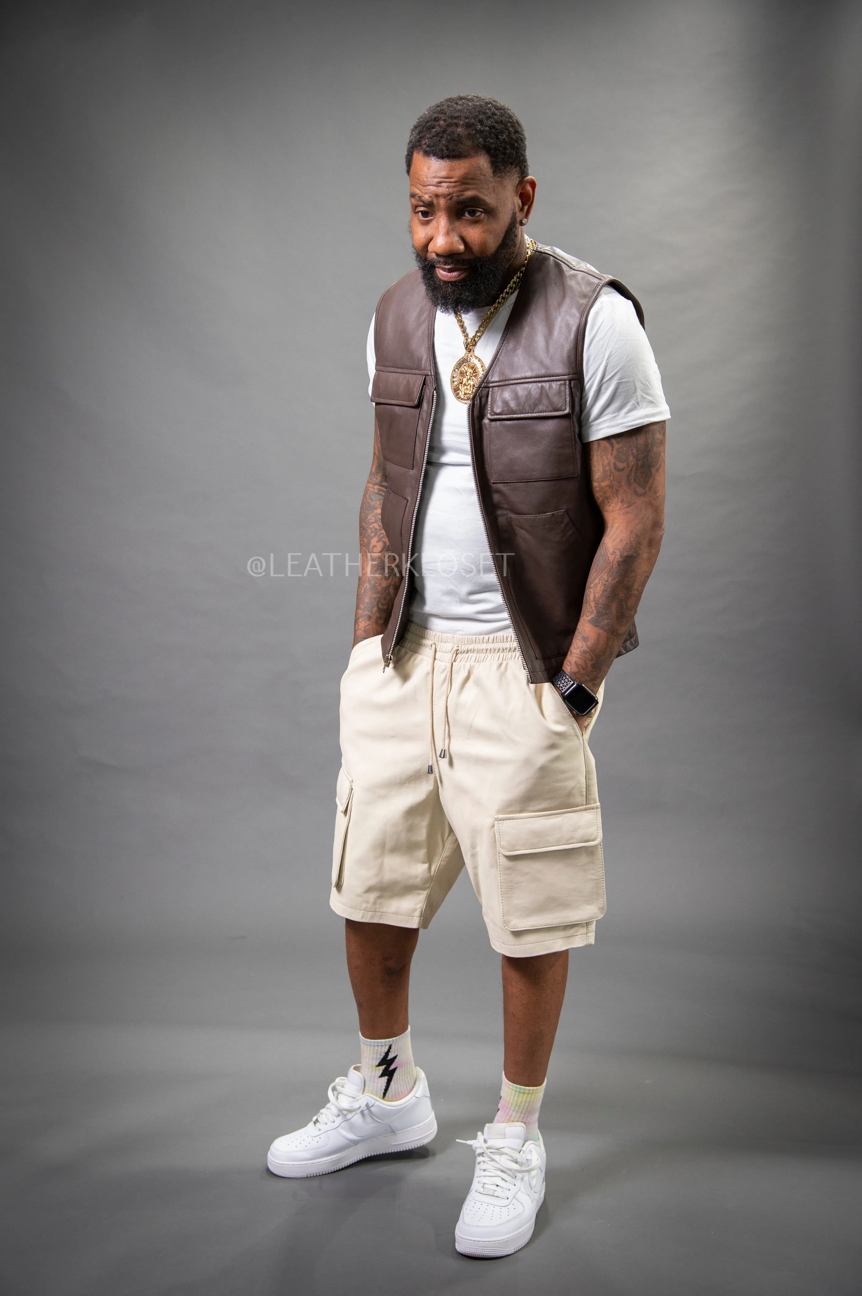 Men's Bless Set Leather Vest & Leather Cargo Shorts [Chocolate/Beige]