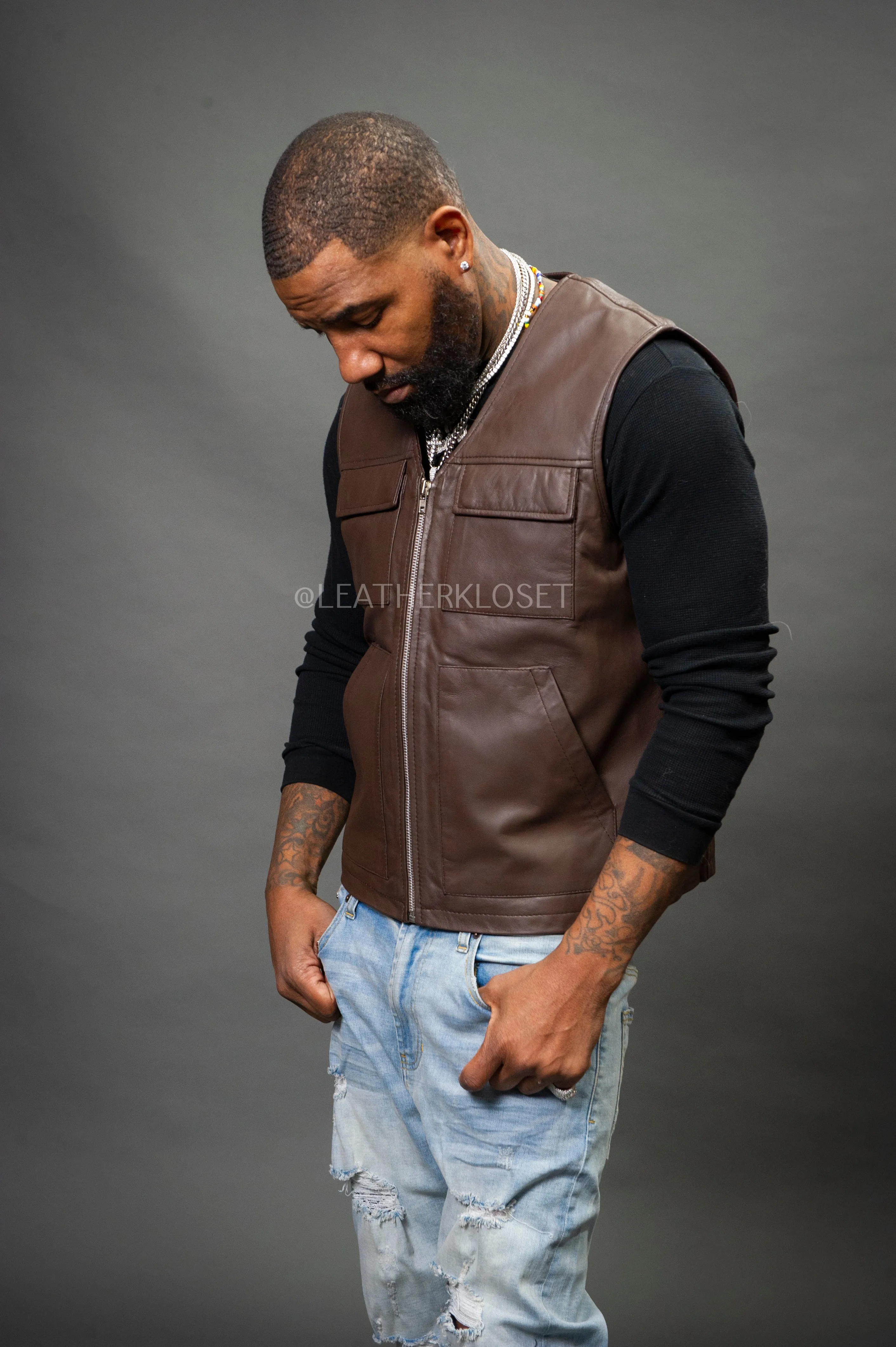 Men's Leather Brooklyn Vest Chocolate [Slim-Cut]