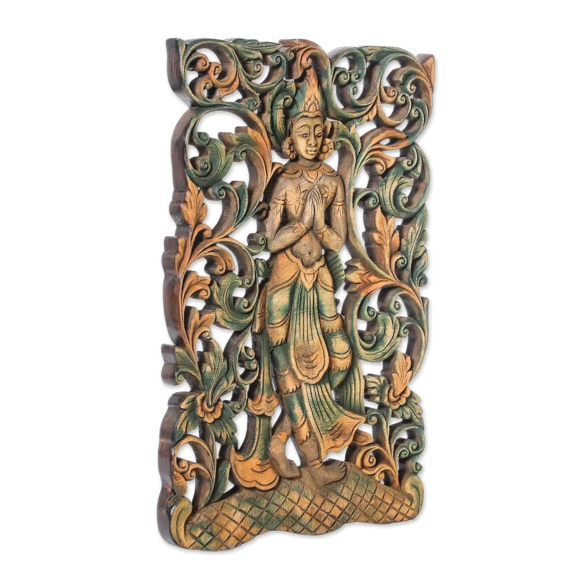 Novica Angel Walk Teak Relief Panel