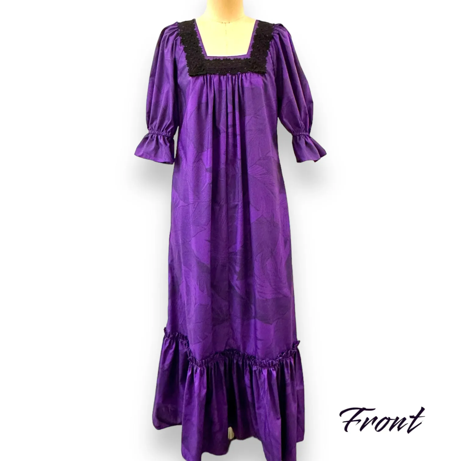 Original Print Purple Muumuu with Elegant Black Lace Trim 8891