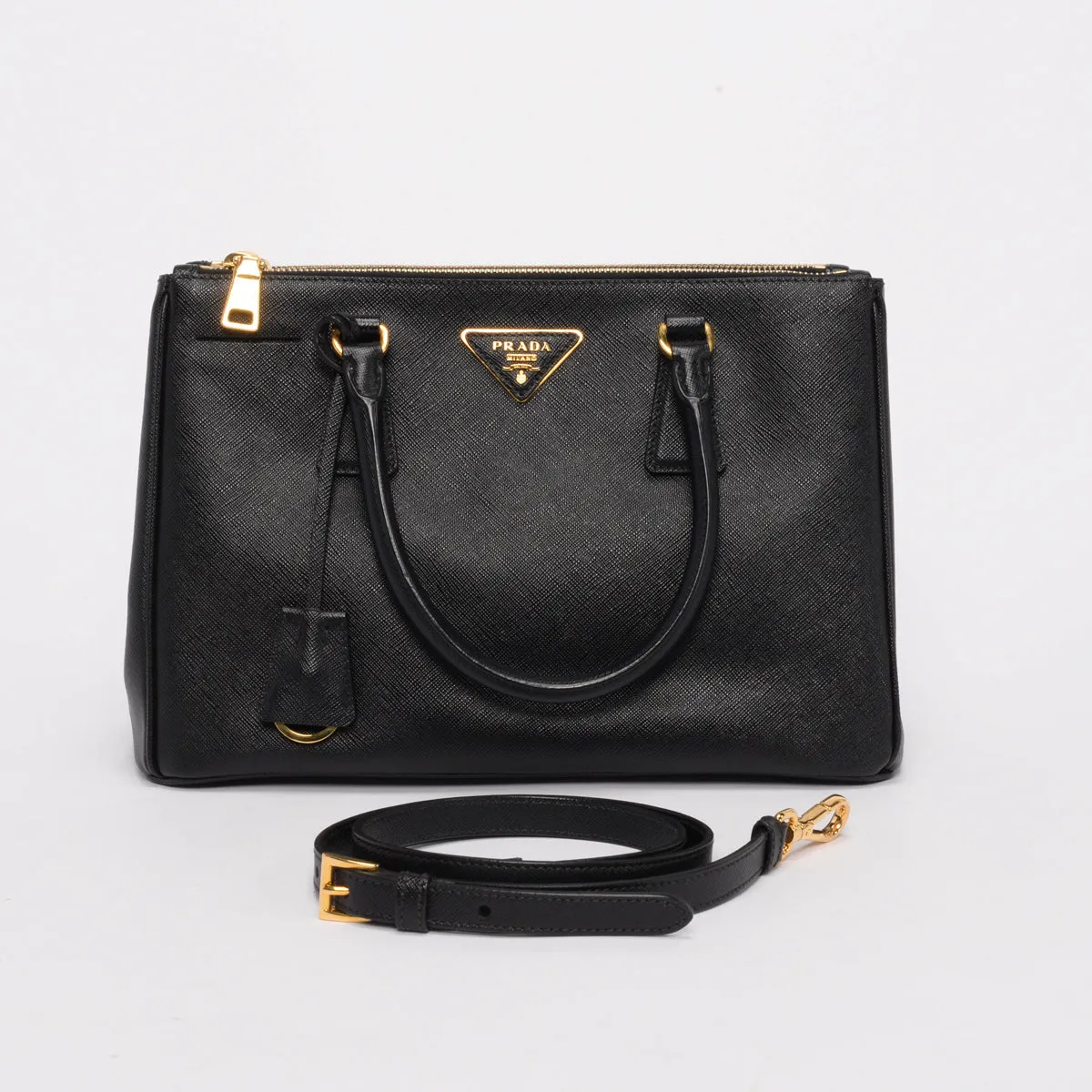 Prada Black Saffiano Lux Double Zip Small Tote