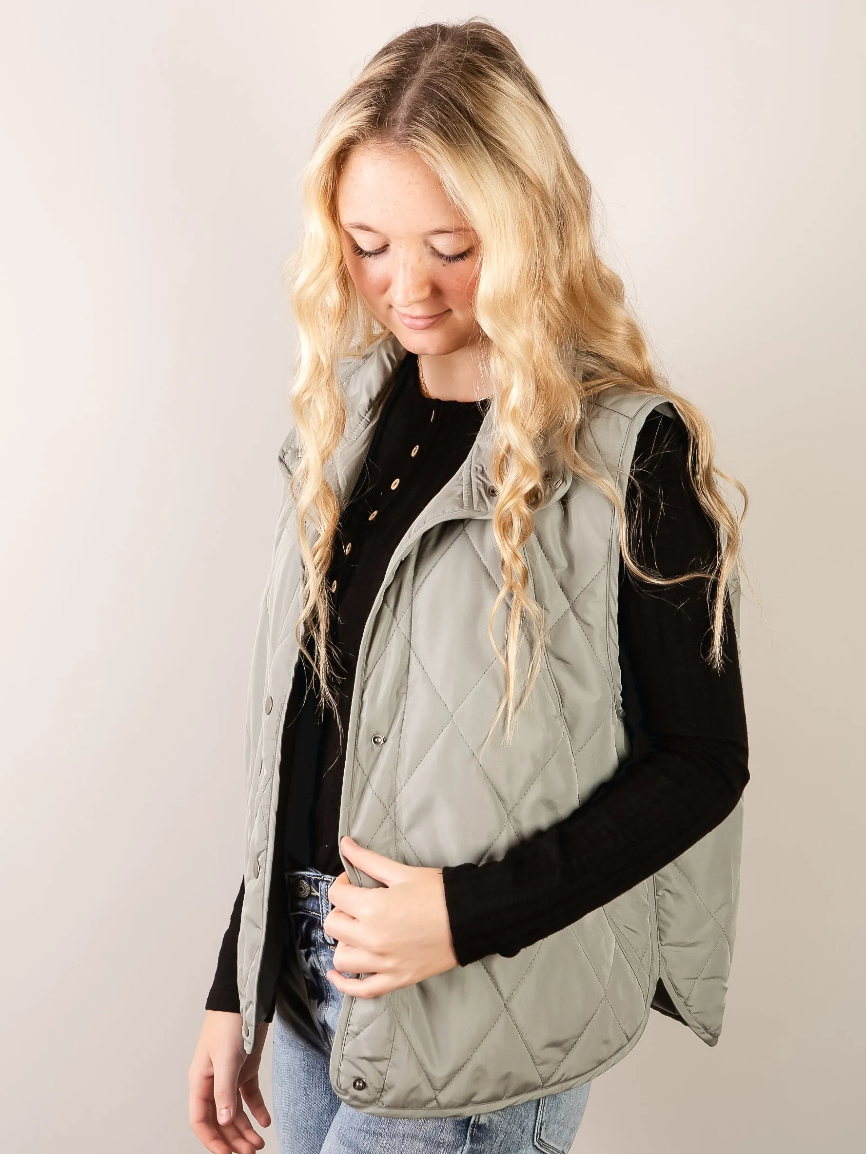 Sage High Neck Quilted Lightweight Puffer Vest