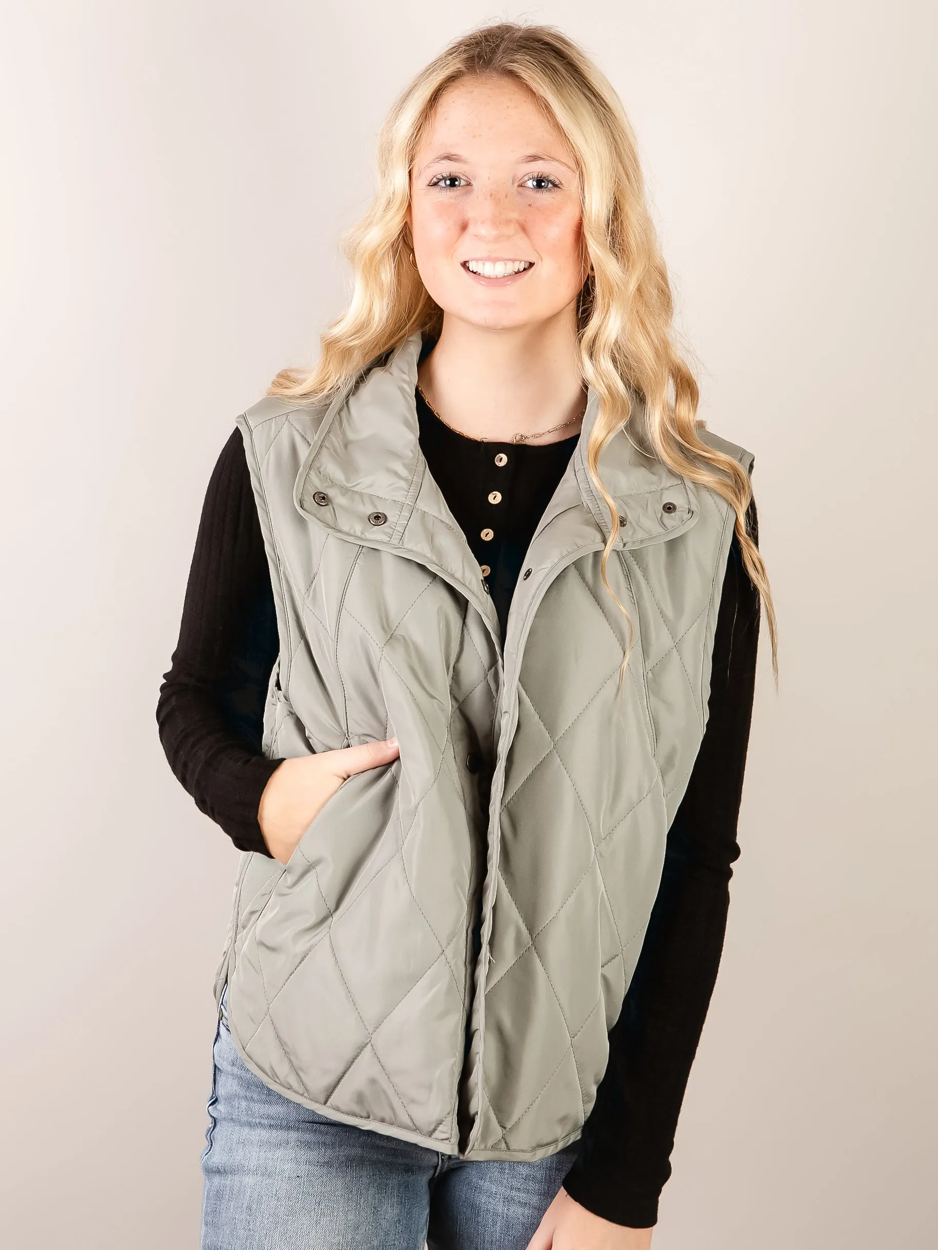 Sage High Neck Quilted Lightweight Puffer Vest