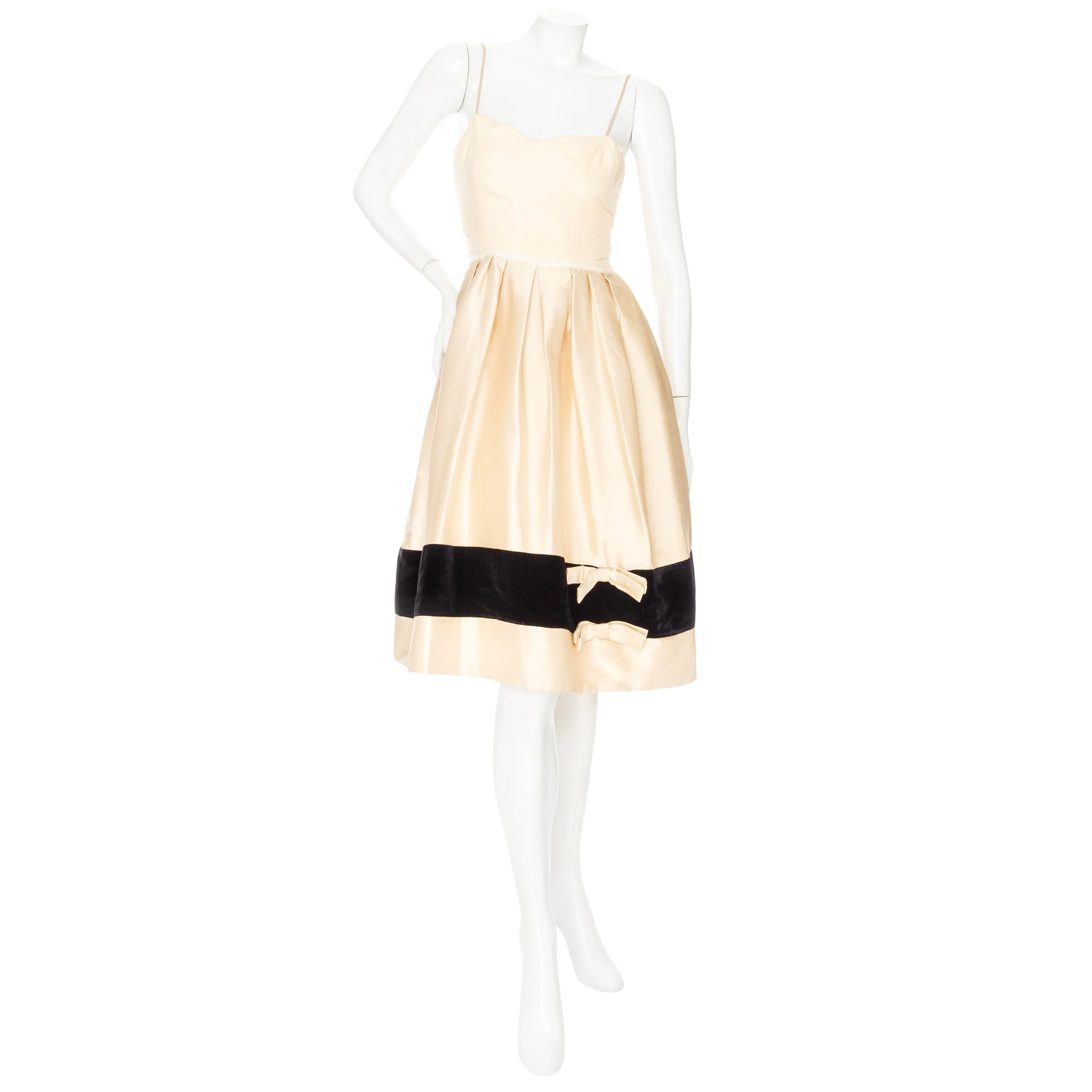 Vintage Cream and Black Satin and Velvet Bow Adorned Dress