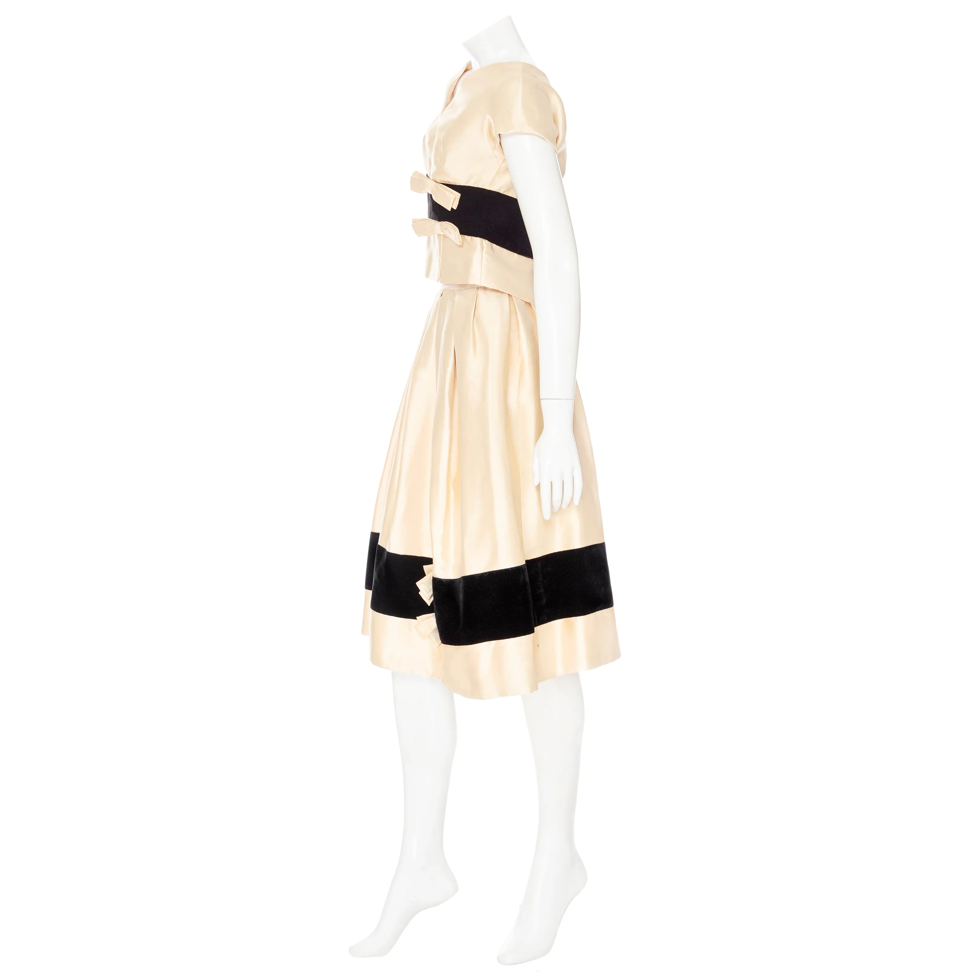 Vintage Cream and Black Satin and Velvet Bow Adorned Dress