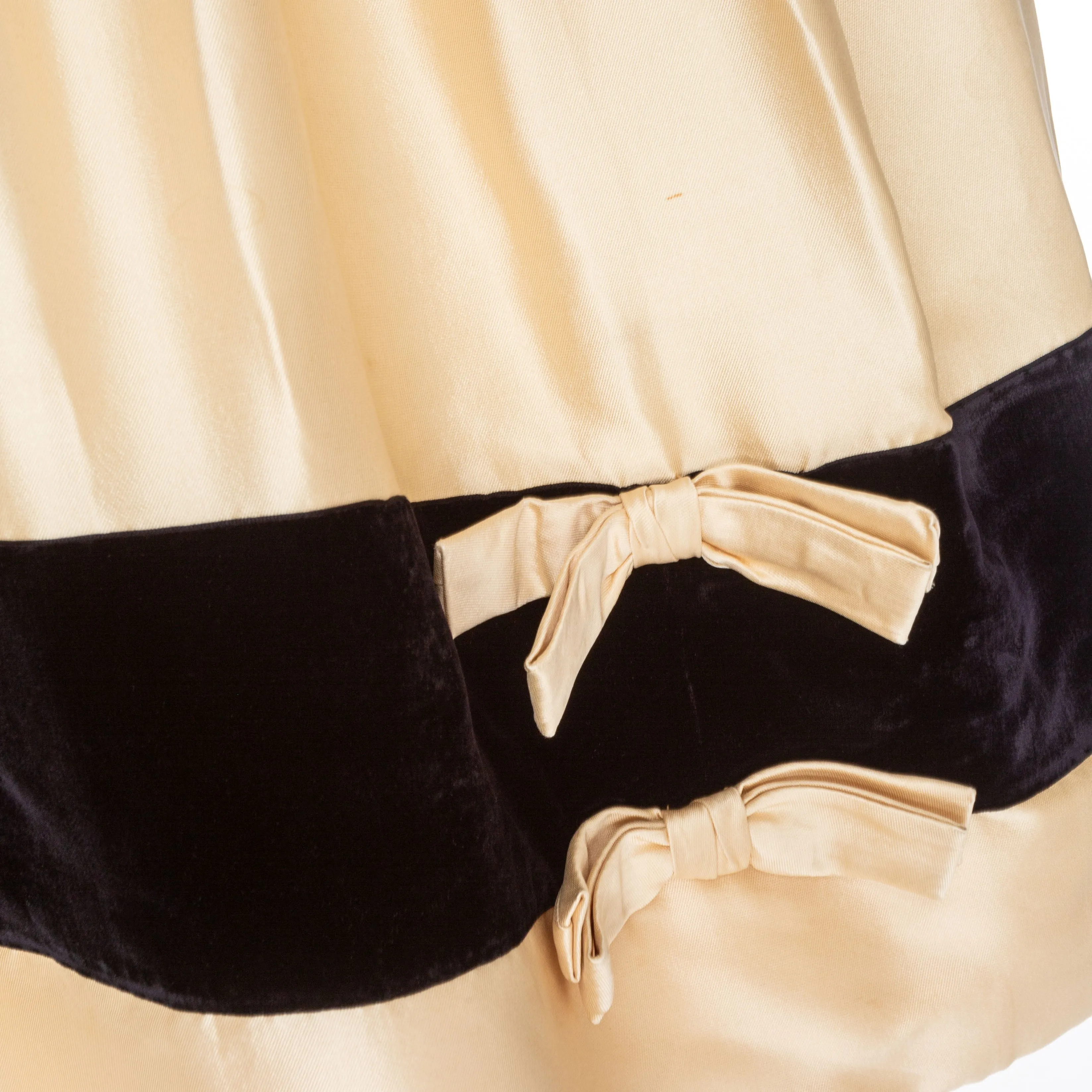 Vintage Cream and Black Satin and Velvet Bow Adorned Dress