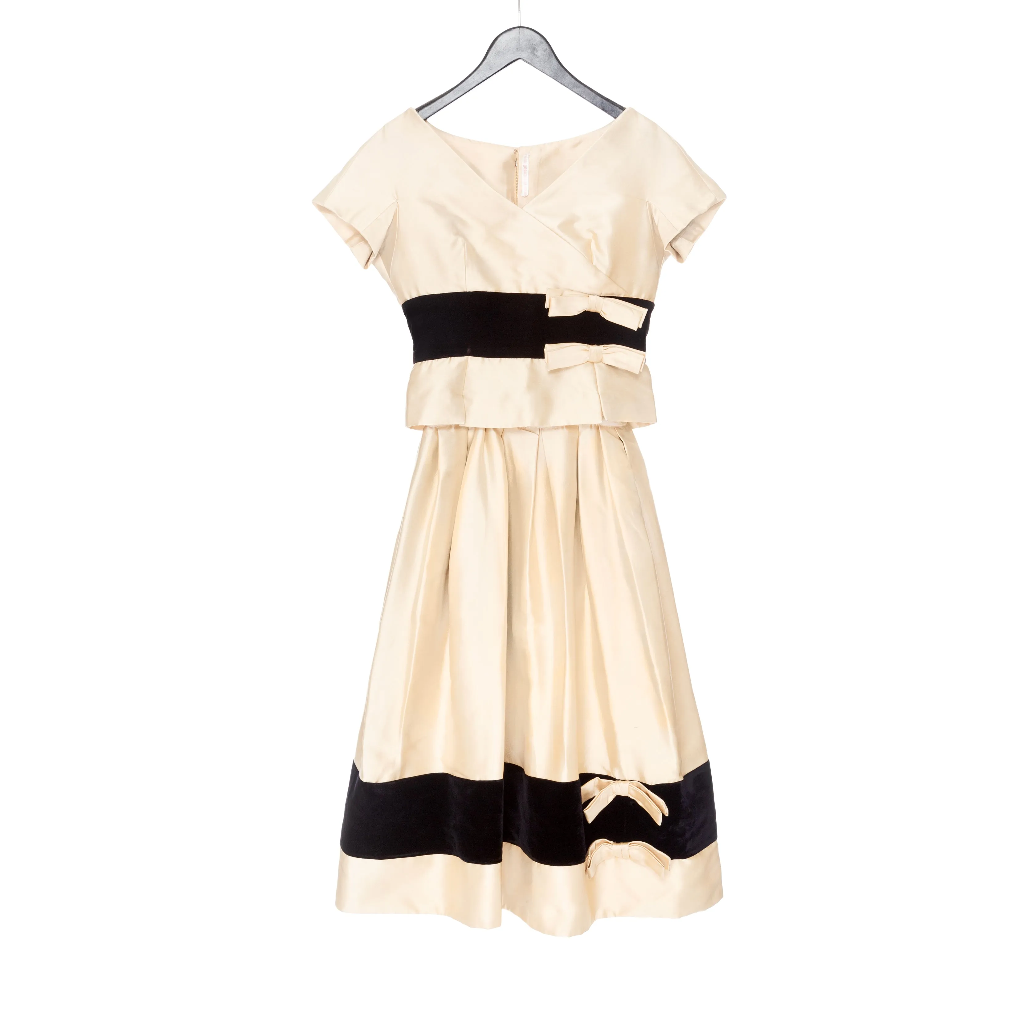 Vintage Cream and Black Satin and Velvet Bow Adorned Dress