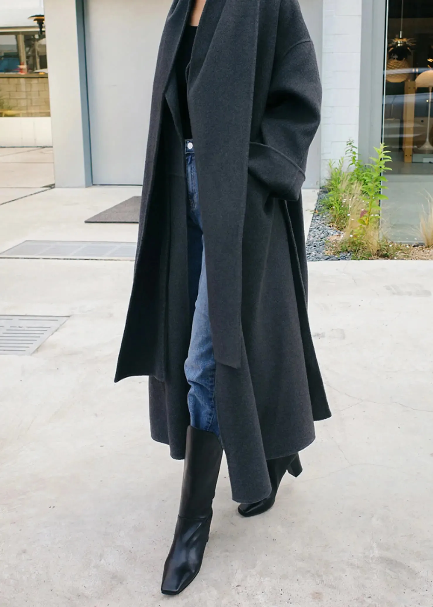 Wool Blend Belted Long Wrap Coat