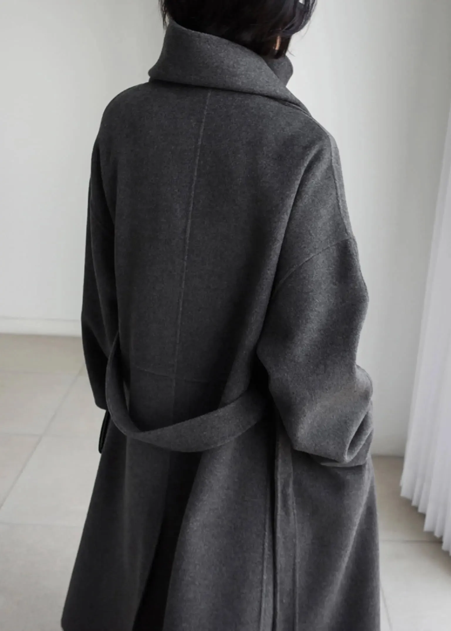 Wool Blend Belted Long Wrap Coat