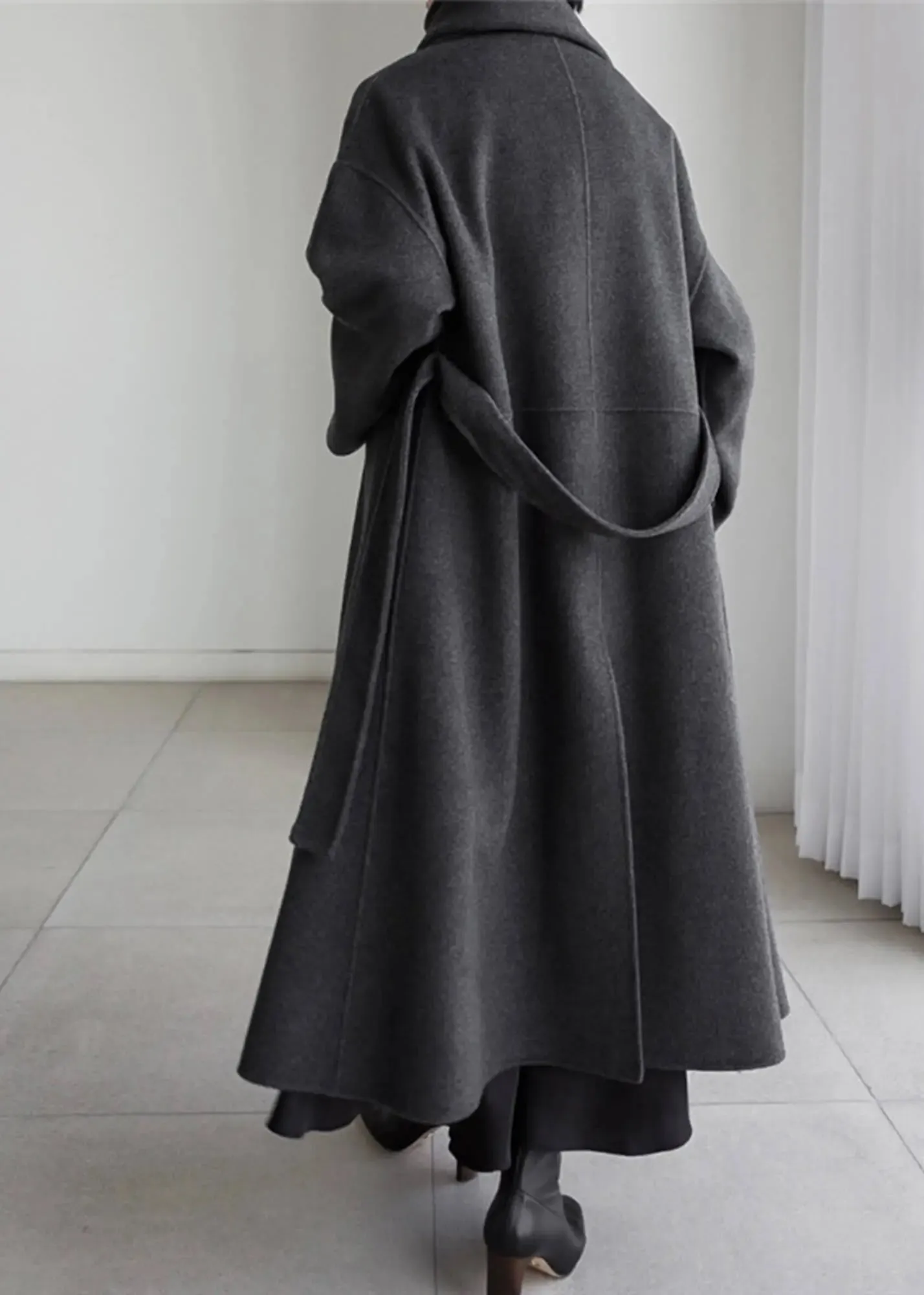 Wool Blend Belted Long Wrap Coat