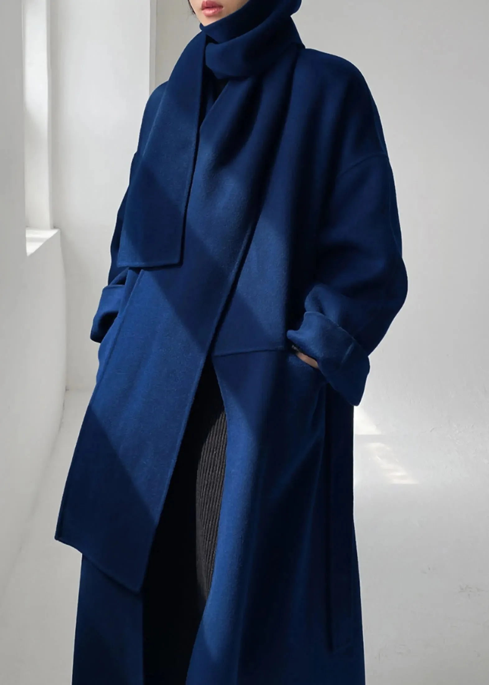 Wool Blend Belted Long Wrap Coat