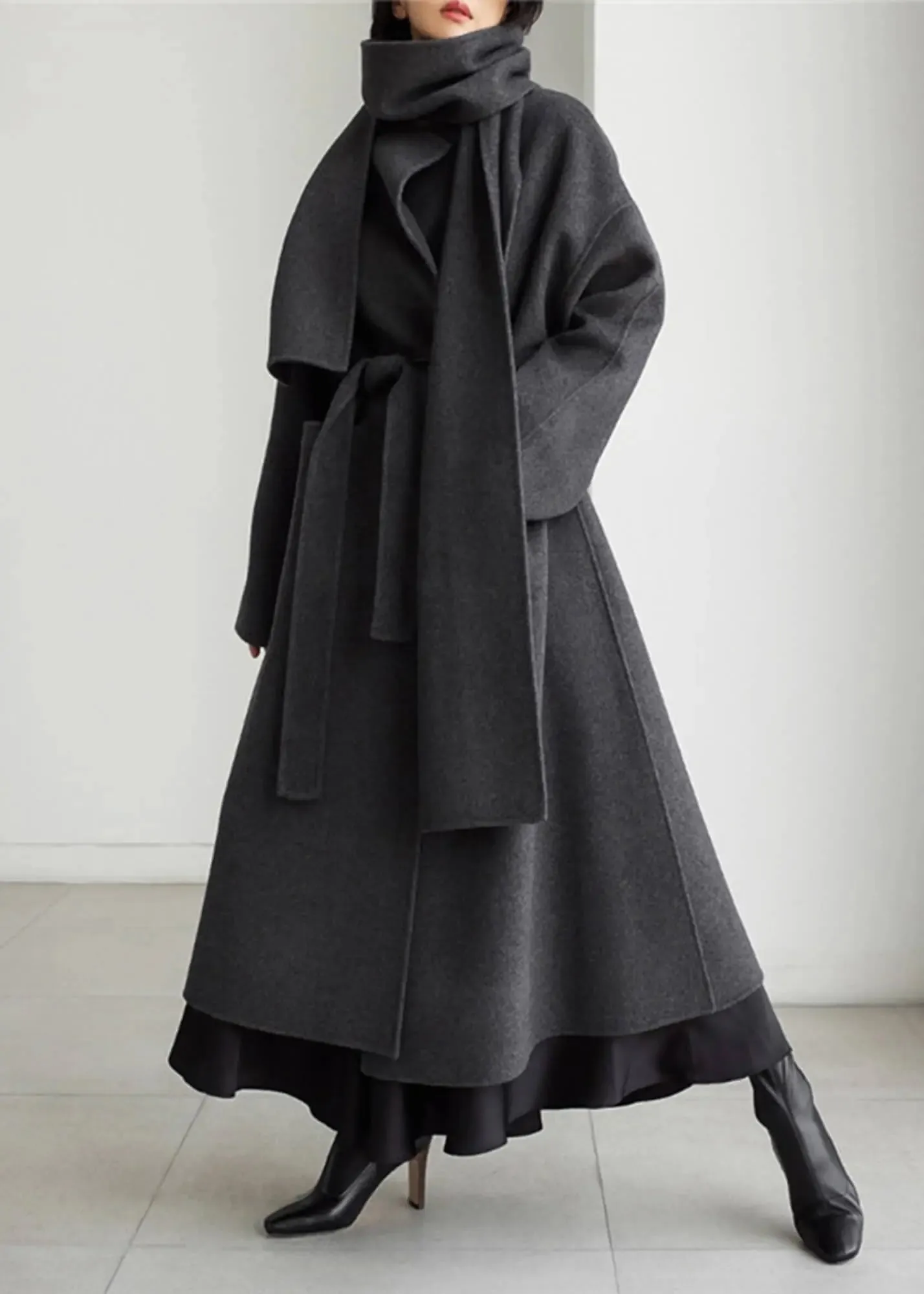 Wool Blend Belted Long Wrap Coat