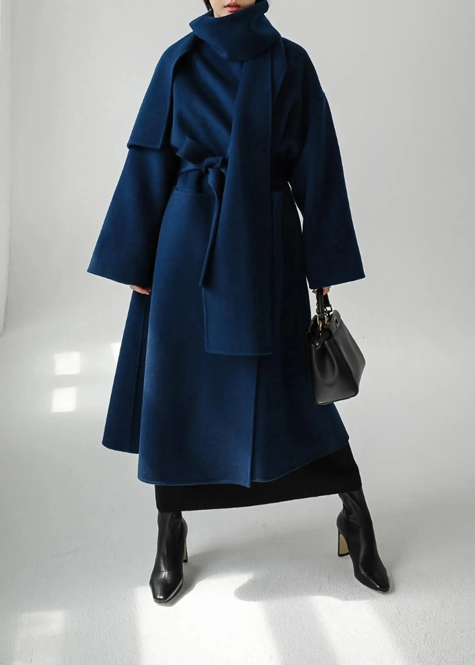 Wool Blend Belted Long Wrap Coat