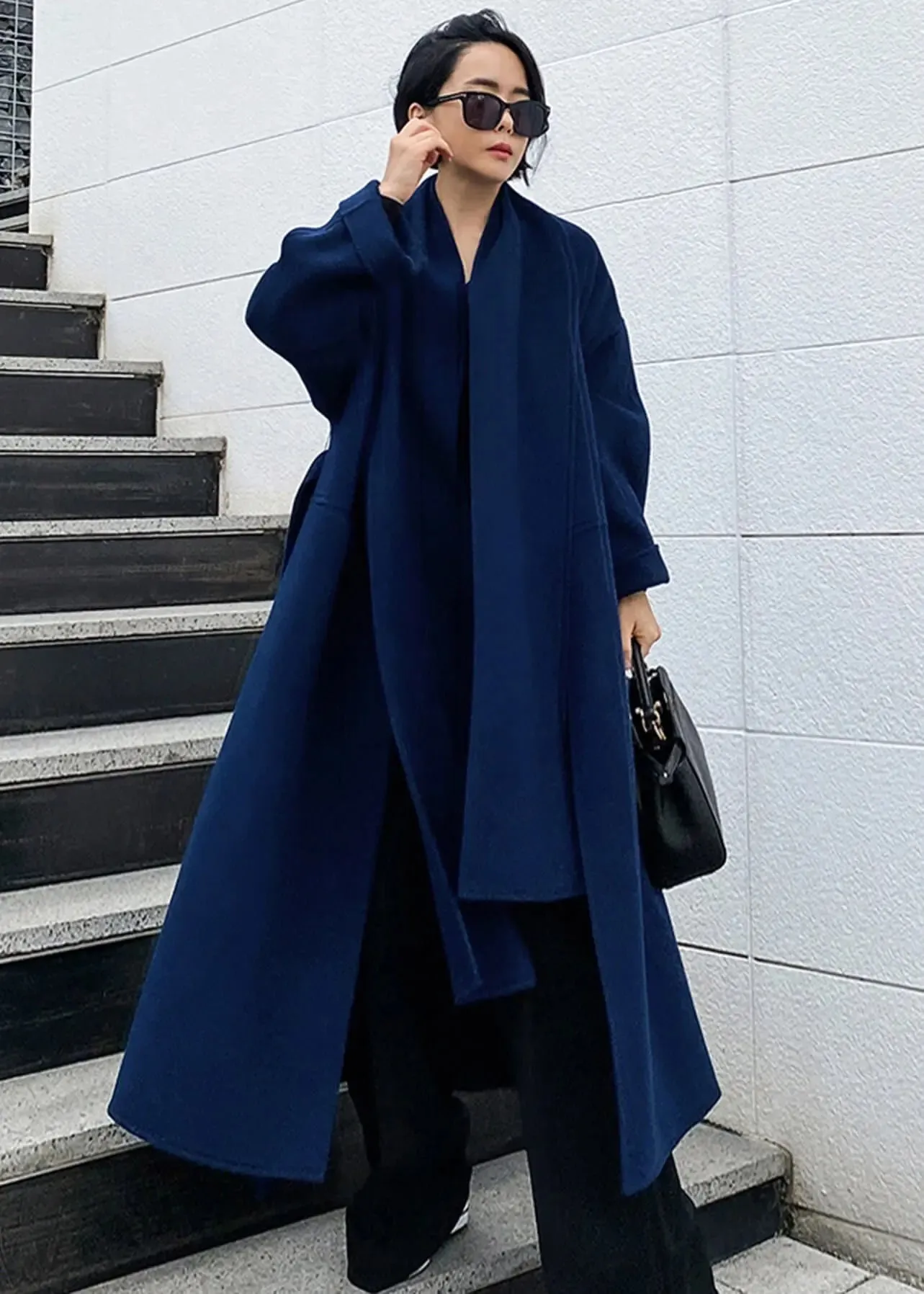 Wool Blend Belted Long Wrap Coat