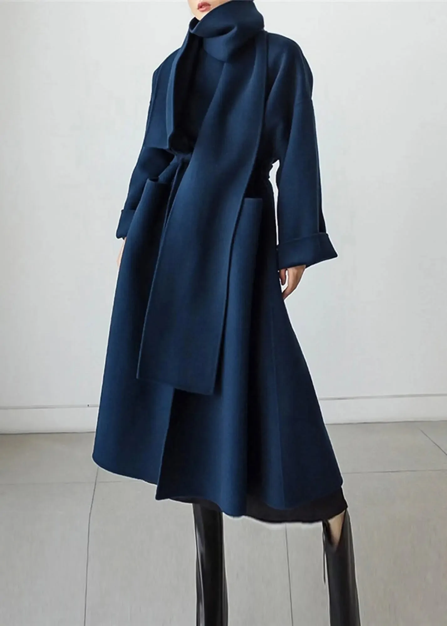 Wool Blend Belted Long Wrap Coat