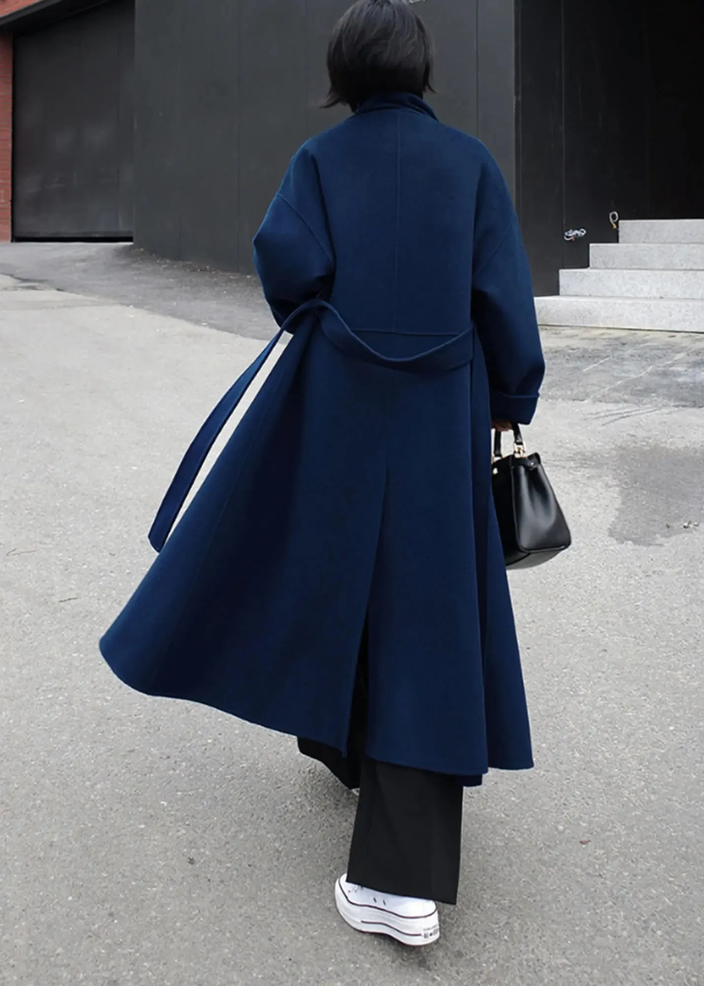 Wool Blend Belted Long Wrap Coat