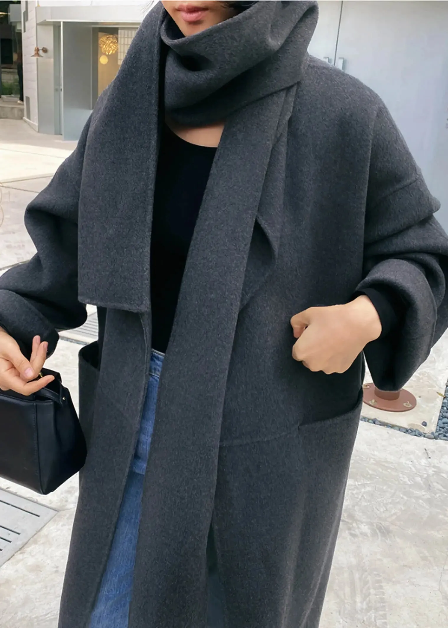 Wool Blend Belted Long Wrap Coat